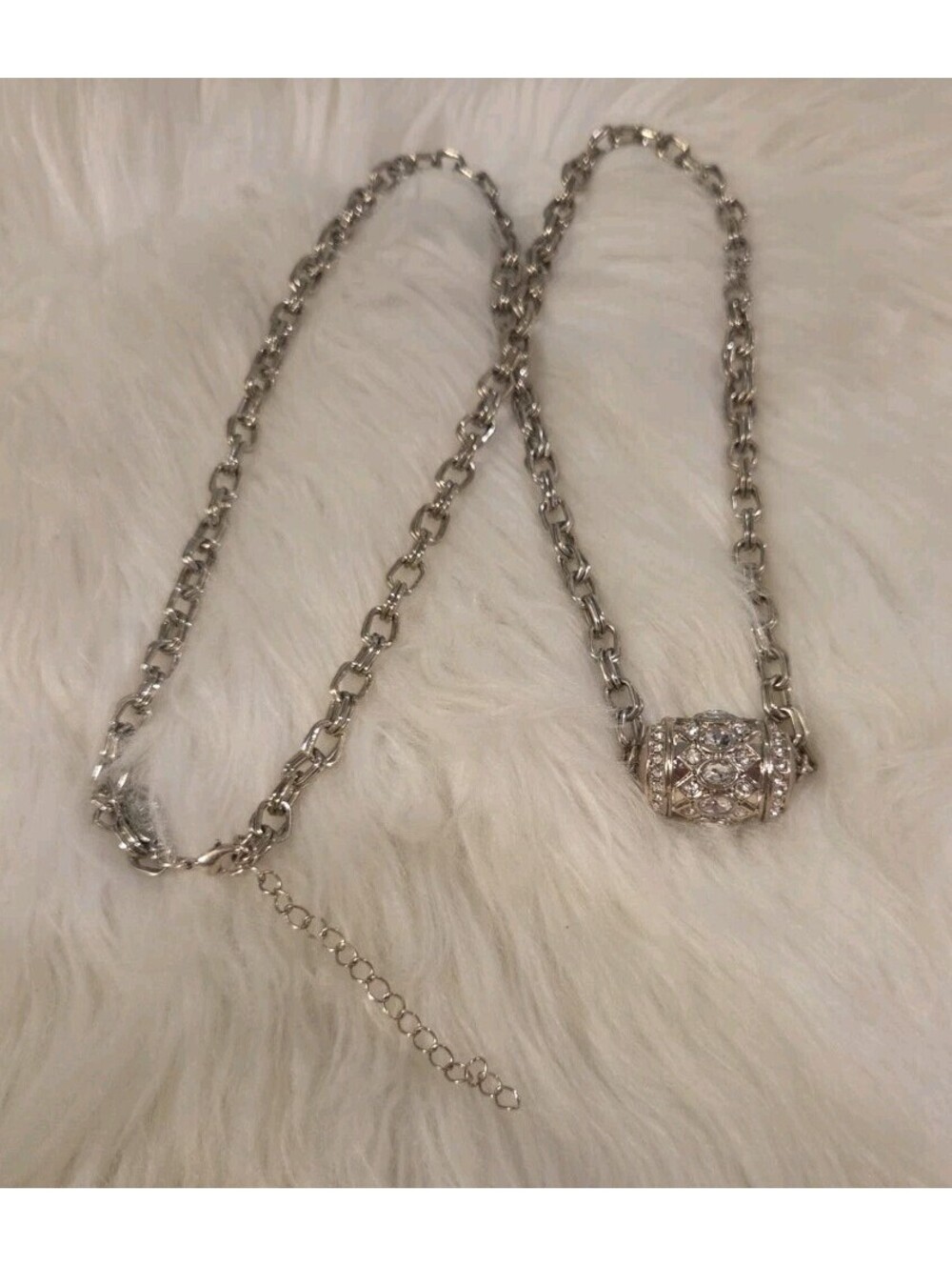 Ann Taylor Necklace Silvertone Double Link Chain Crystal Embellished Barrel 36"